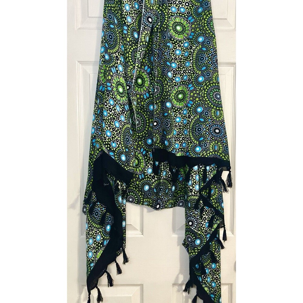 Wayan Natural Wear Sarong Cover Up Lime Green Blue Mandala Fringe Scarf Festival